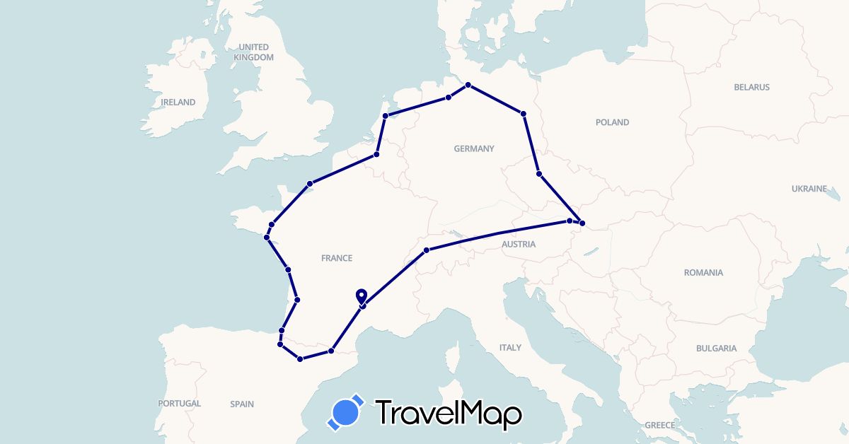 TravelMap itinerary: driving in Andorra, Austria, Belgium, Switzerland, Czech Republic, Germany, Spain, France, Netherlands, Slovakia (Europe)